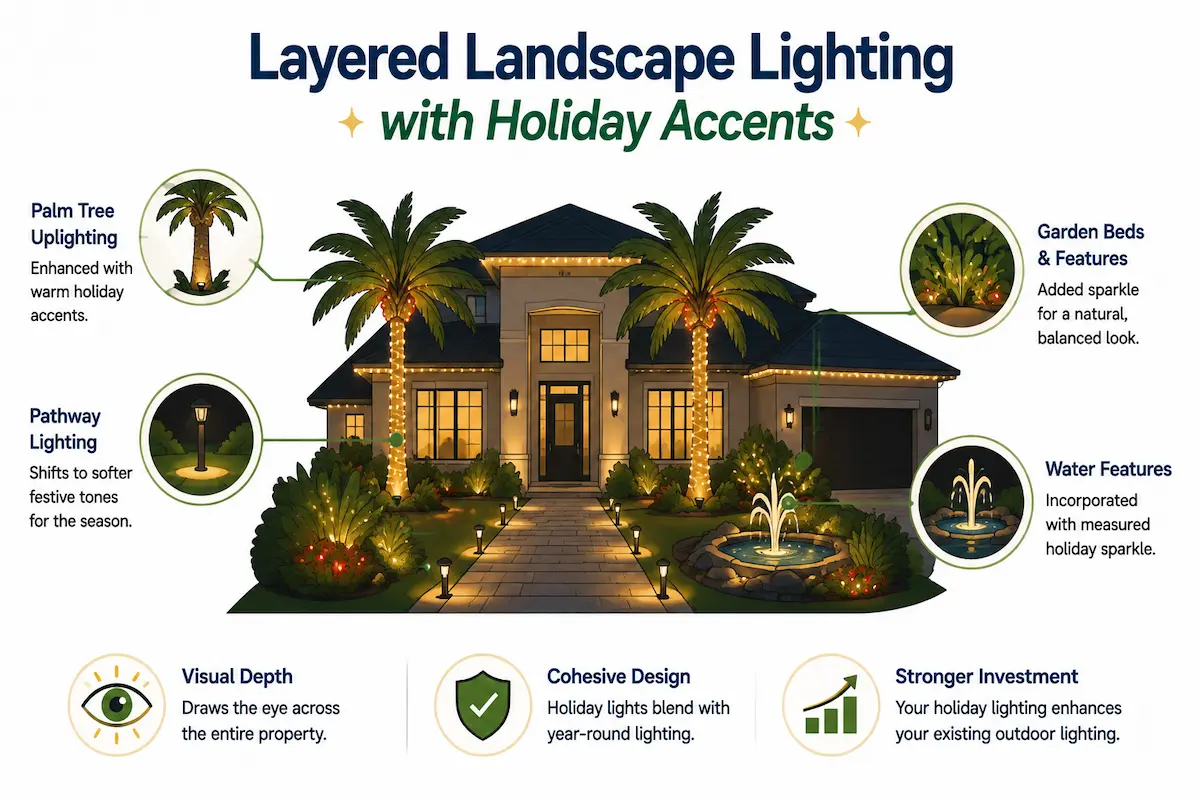 Layered Landscape Lighting with Holiday Accents